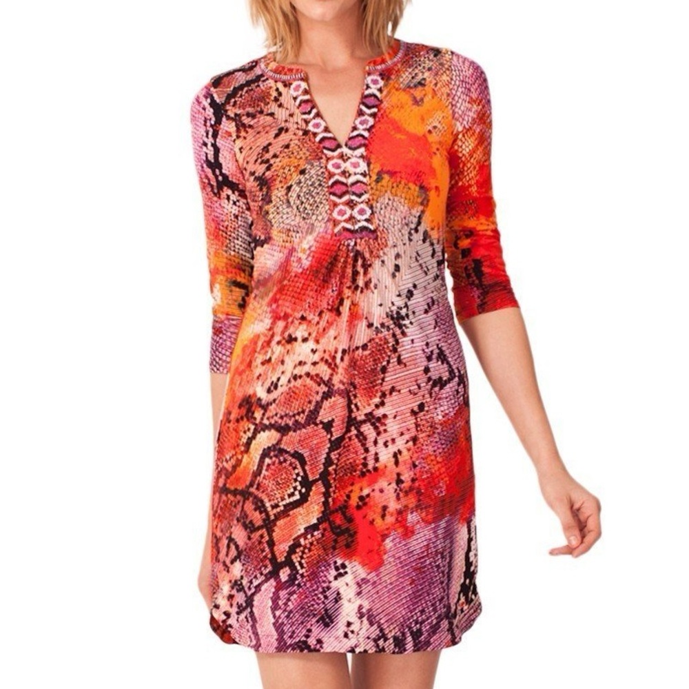 Hale Bob Jersey Dress 3/4 sleeve Orange Sunset Snake Boho Resort Glam SZ LARGE